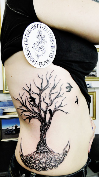Black Ink Celtic Tree of Life With Flying Birds Tattoo On Girl Right Side Rib