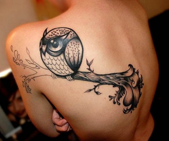 Black Ink Cute Owl Bird Tattoo On Left Back Shoulder