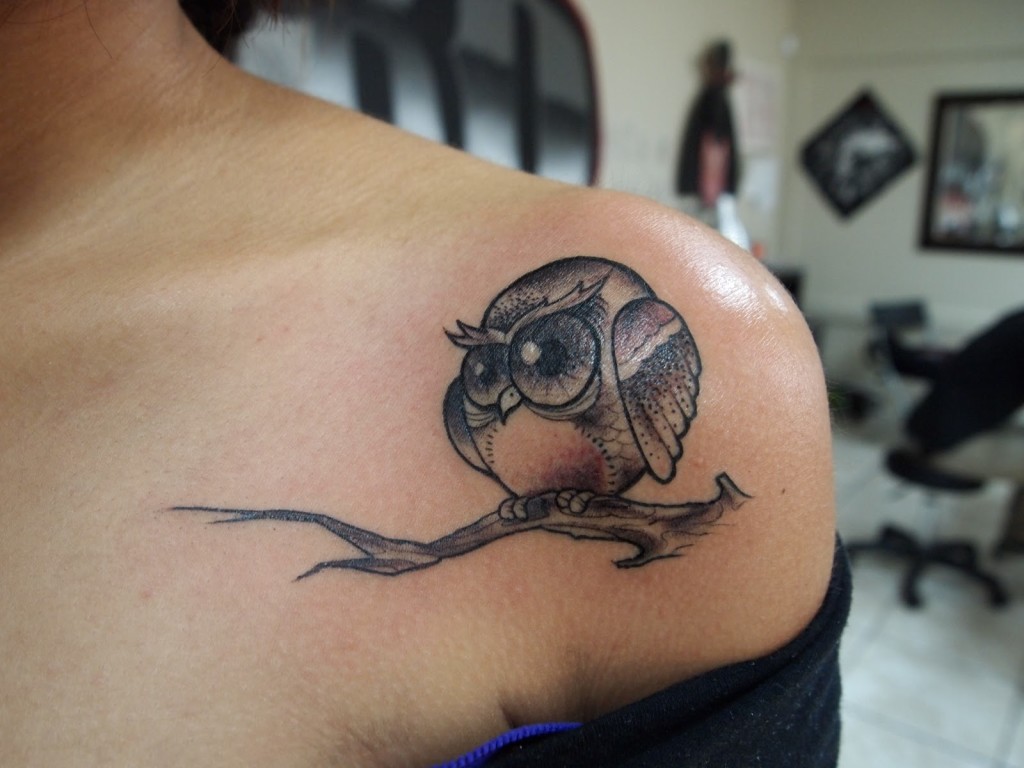Black Ink Cute Owl Tattoo On Left Front Shoulder