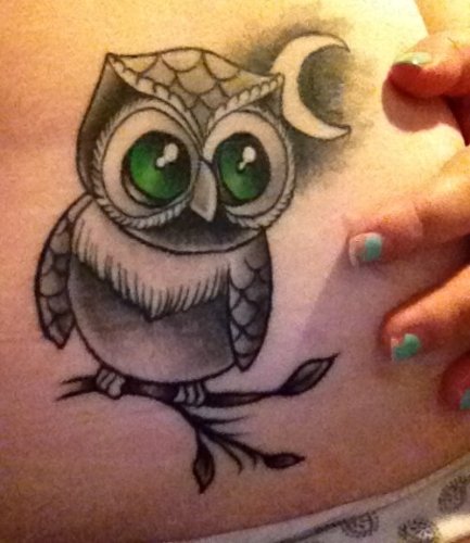 Black Ink Cute Owl With Half Moon Tattoo Design For Girl