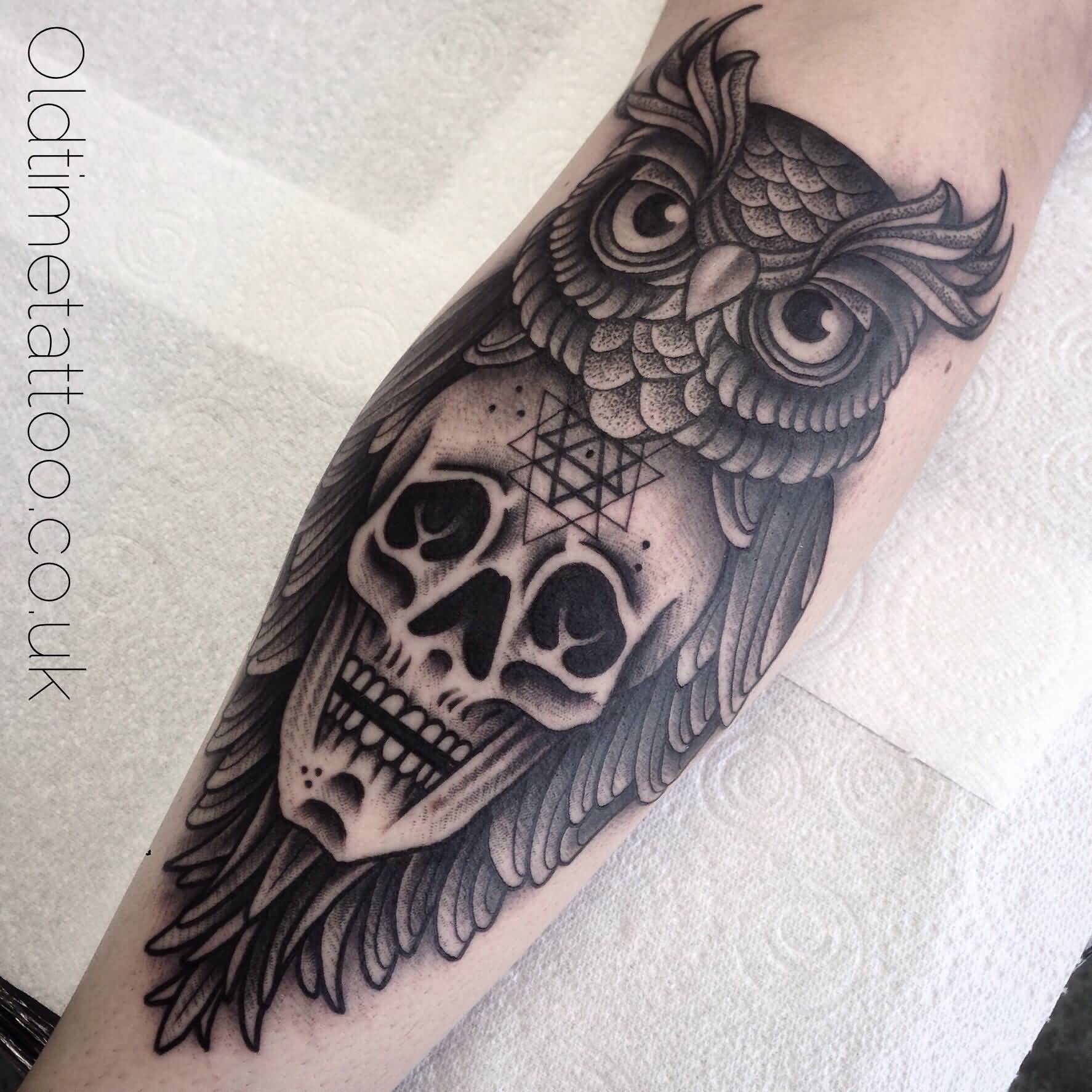 Black Ink Dotwork Owl With Skull Tattoo Design For Forearm By Josh Foulds