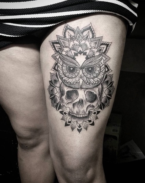 Black Ink Dotwork Owl With Skull Tattoo On Left Thigh