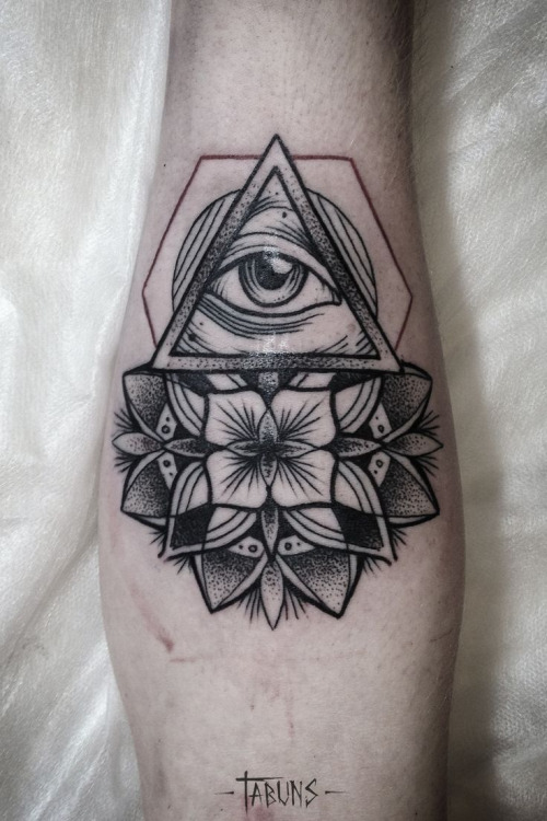 Black Ink Dotwork Triangle With Flower Tattoo On Arm