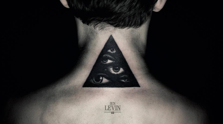 Black Ink Eyes In Triangle Tattoo On Man Back Neck By Ien Levin