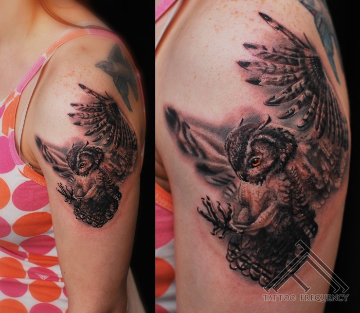 Black Ink Flying Owl Bird Tattoo On Girl Left Half Sleeve