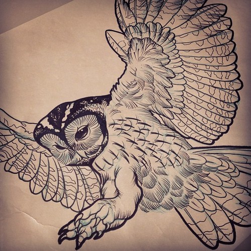 Black Ink Flying Owl Tattoo Design