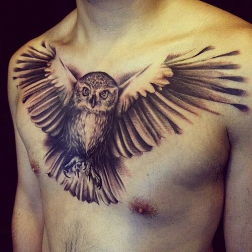 Black Ink Flying Owl Tattoo On Man Chest