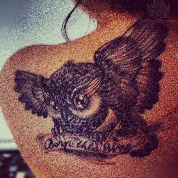 Black Ink Flying Owl With Banner Tattoo On Left Back Shoulder