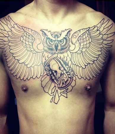 Black Ink Flying Owl With Hourglass Tattoo On Man Chest