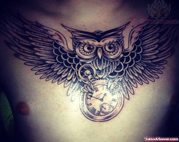 Black Ink Flying Owl With Pocket Watch Tattoo Design