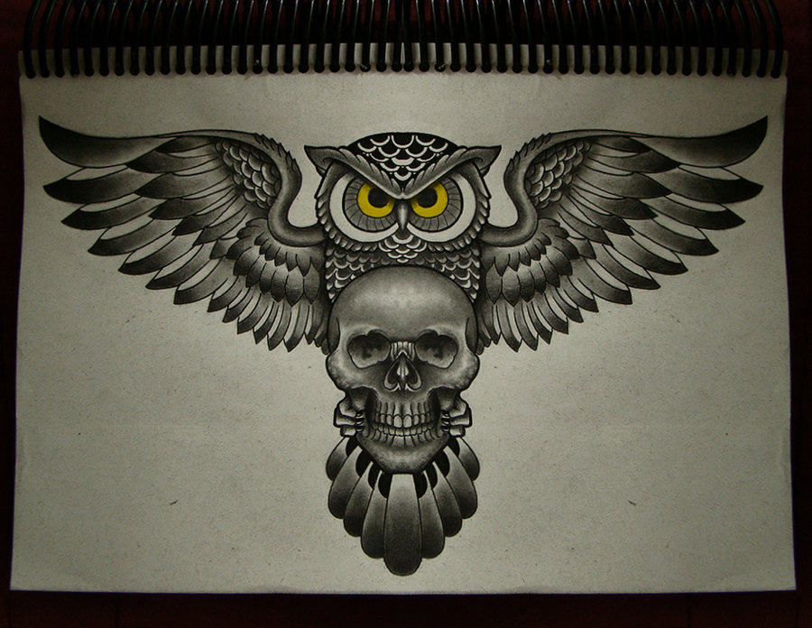 Black Ink Flying Owl With Skull Tattoo Design