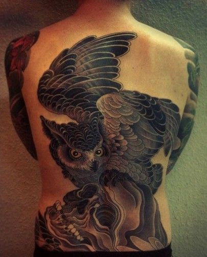 Black Ink Flying Owl With Skull Tattoo On Full Back