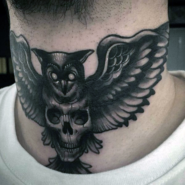 Black Ink Flying Owl With Skull Tattoo On Man Neck
