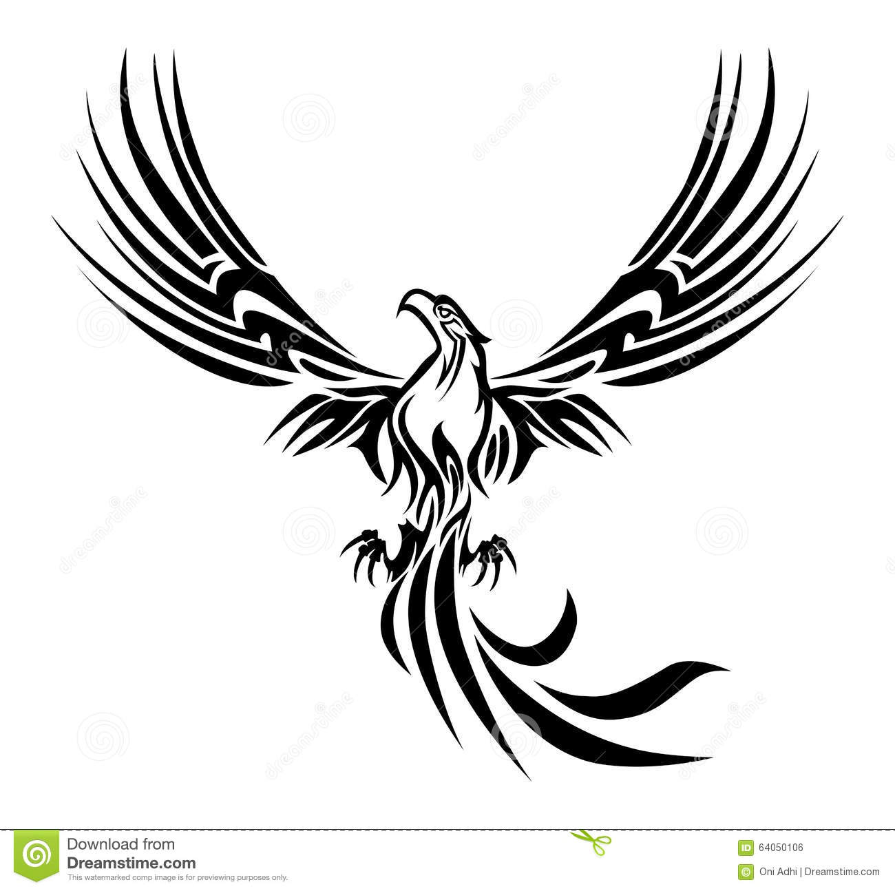 Black Ink Flying Phoenix Bird Tattoo Stencil