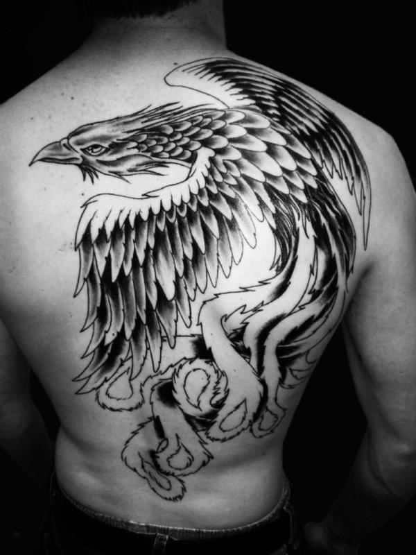 Black Ink Flying Phoenix Tattoo On Full Back