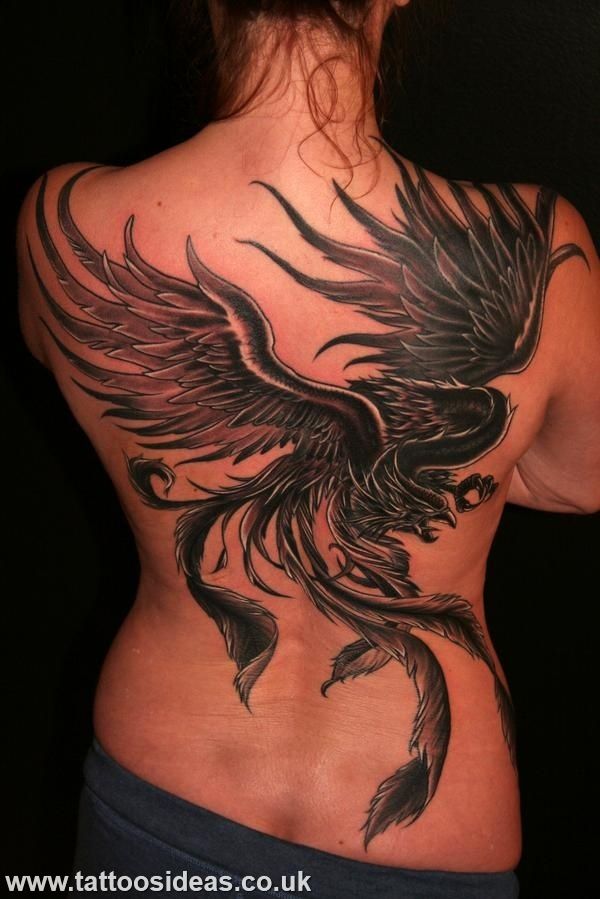 Black Ink Flying Phoenix Tattoo On Full Back