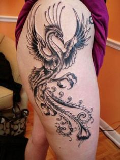 Black Ink Flying Phoenix Tattoo On Girl Right Upper Leg