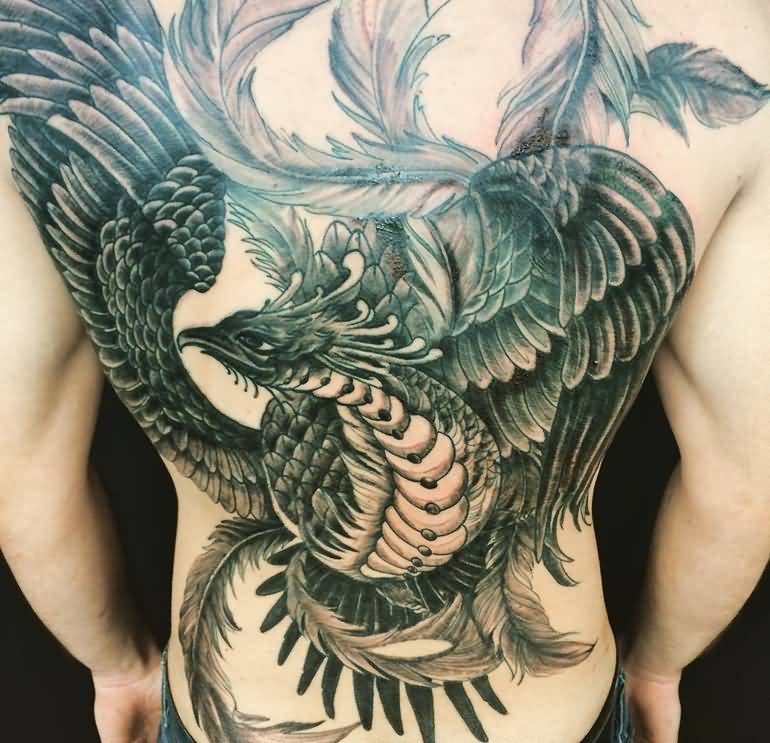 Black Ink Flying Phoenix Tattoo On Man Full Back