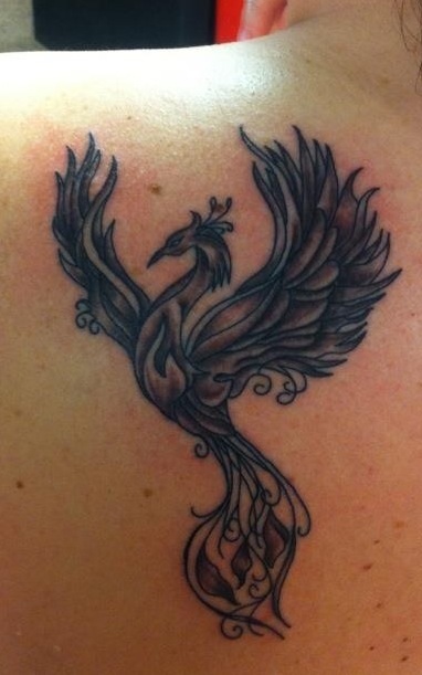 Black Ink Flying Phoenix Tattoo On Man Left Back Shoulder
