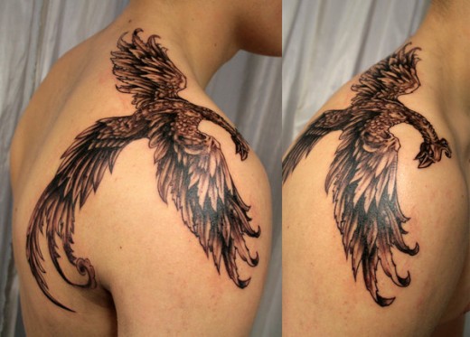 Black Ink Flying Phoenix Tattoo On Man Right Shoulder