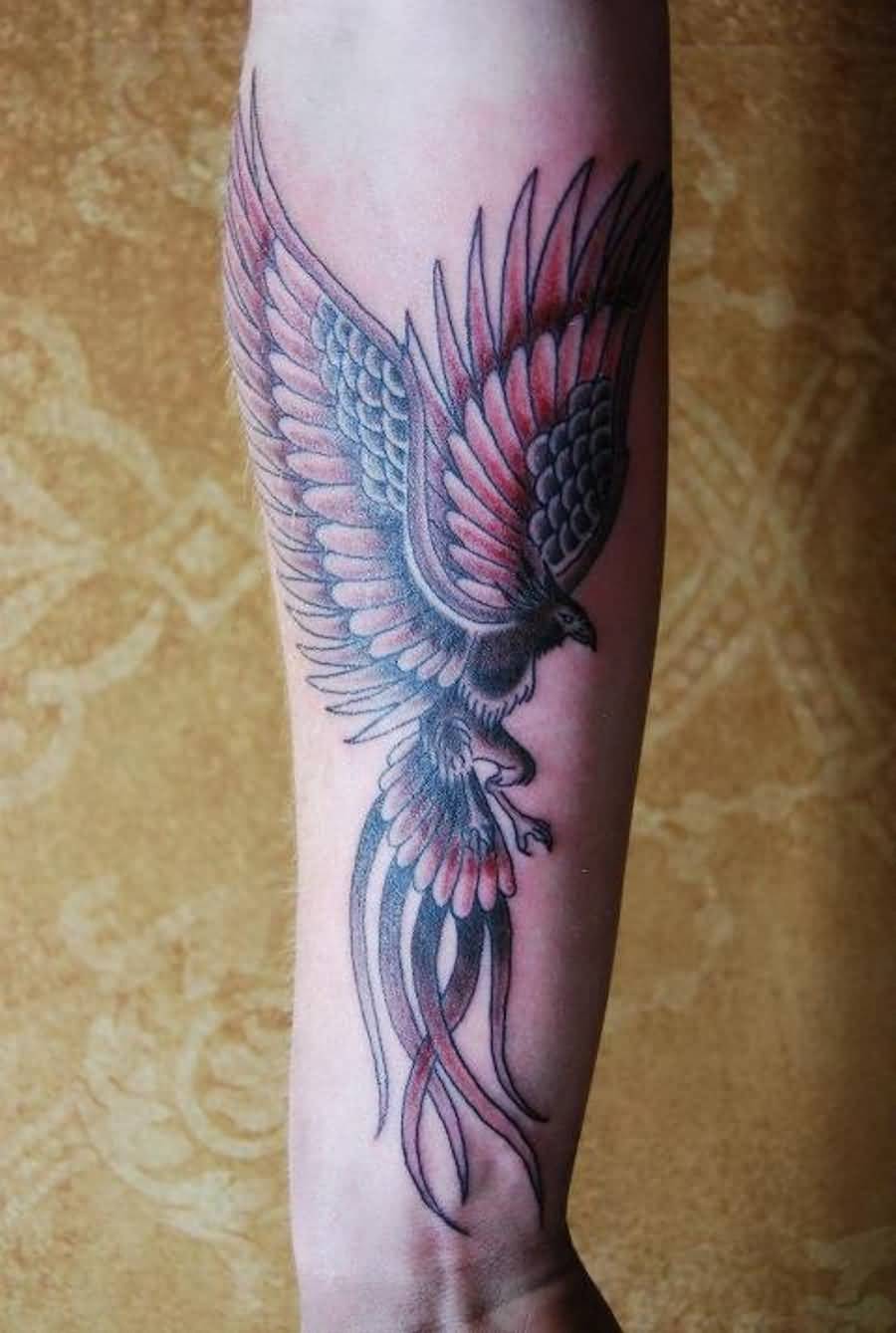 Black Ink Flying Phoenix Tattoo On Right Forearm