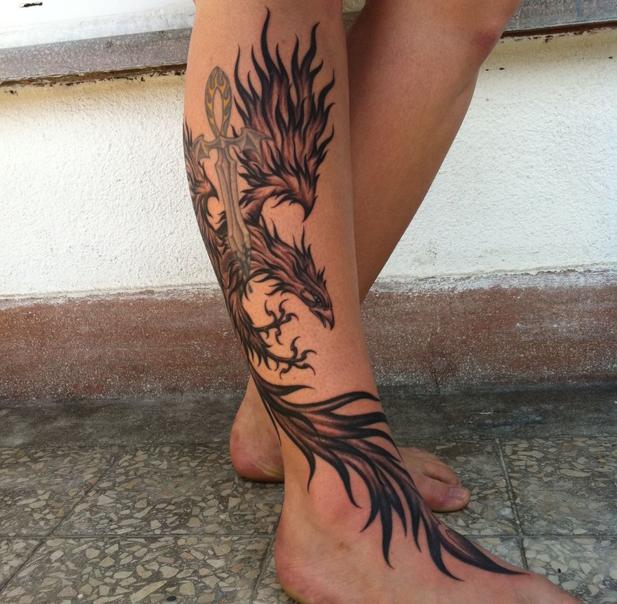 Black Ink Flying Phoenix Tattoo On Right Leg