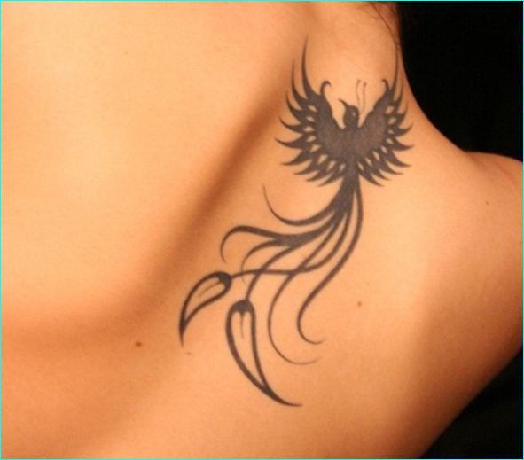 Black Ink Flying Phoenix Tattoo On Upper Back