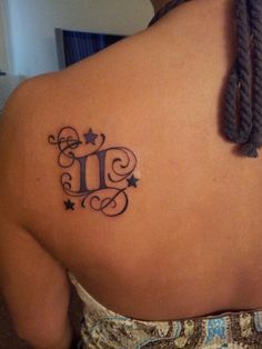 Black Ink Gemini Zodiac Sign Tattoo On Left Back Shoulder