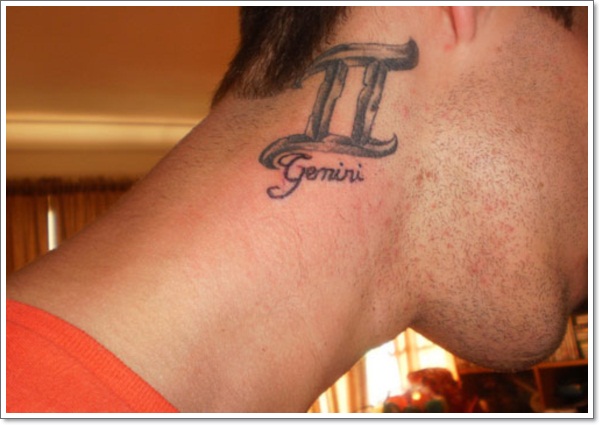 Black Ink Gemini Zodiac Sign Tattoo On Man Right Behind The Ear