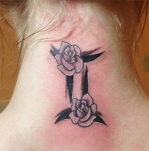 Black Ink Gemini Zodiac Sign With Roses Flowers Tattoo On Girl Back Neck