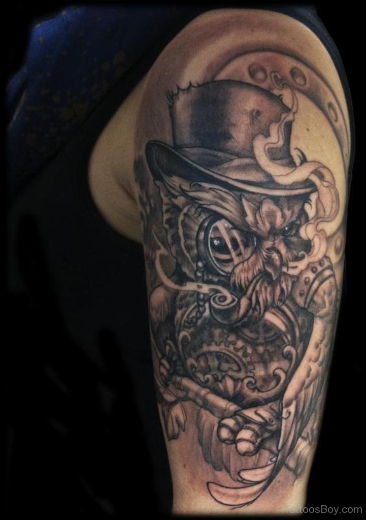 Black Ink Gentleman Owl Tattoo On Left Half Sleeve By Maximillian Rothert