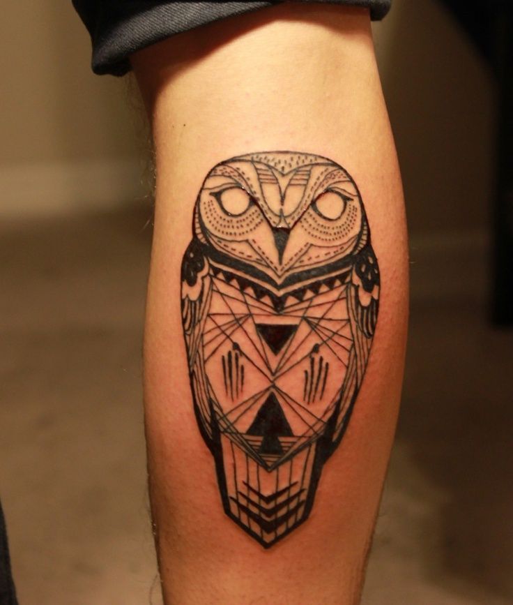 Black Ink Geometric Owl Bird Tattoo Design For Leg Calf