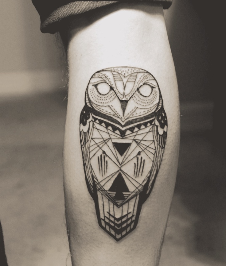 Black Ink Geometric Owl Tattoo Design For Leg