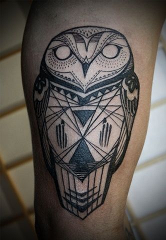 Black Ink Geometric Owl Tattoo Design For Leg
