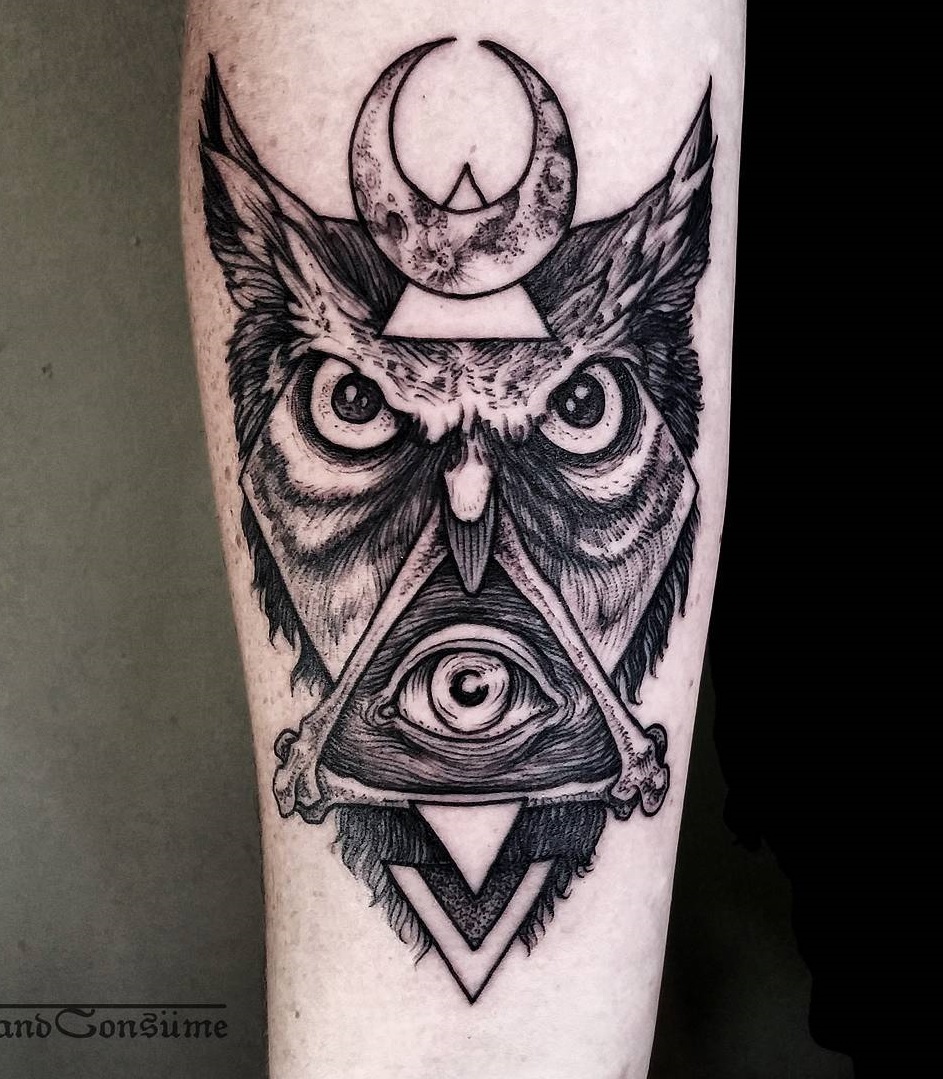 Black Ink Geometric Owl With Illuminati Eye Tattoo Design For Sleeve