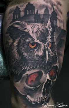 Black Ink Horror Owl With Skull Tattoo On Right Half Sleeve By Remis