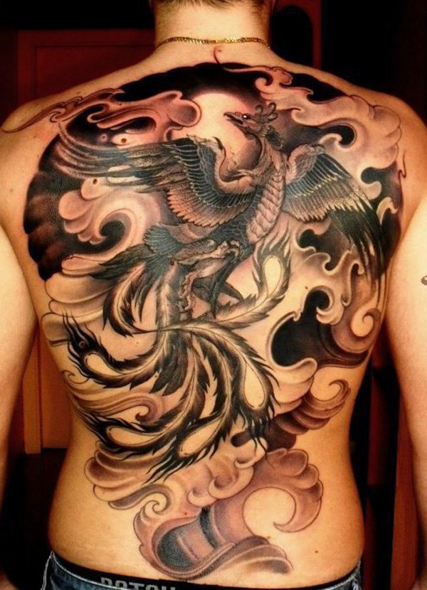 Black Ink Japanese Phoenix Tattoo On Man Full Back