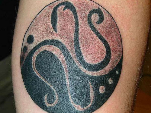 Black Ink Leo Zodiac Sign In Yin Yang Tattoo Design For Sleeve