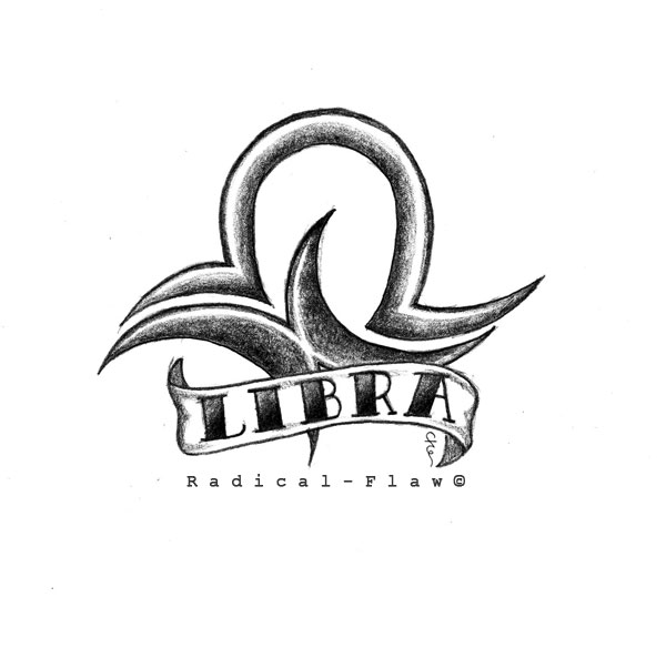 Black Ink Libra Zodiac Sign With Banner Tattoo Design