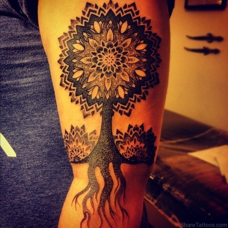 Black Ink Mandala Tree Of Life Tattoo On Left Half Sleeve