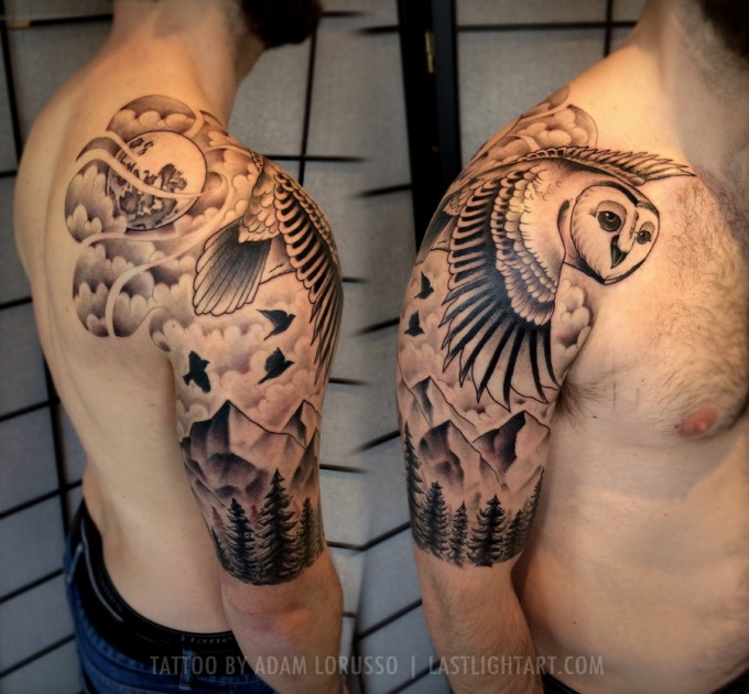 Black Ink Mountains With Flying Owl Tattoo On Man Right Half Sleeve