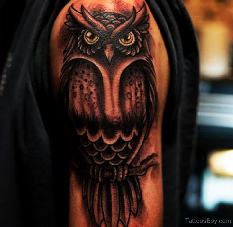 Black Ink Owl Bird Tattoo On Half Sleeve