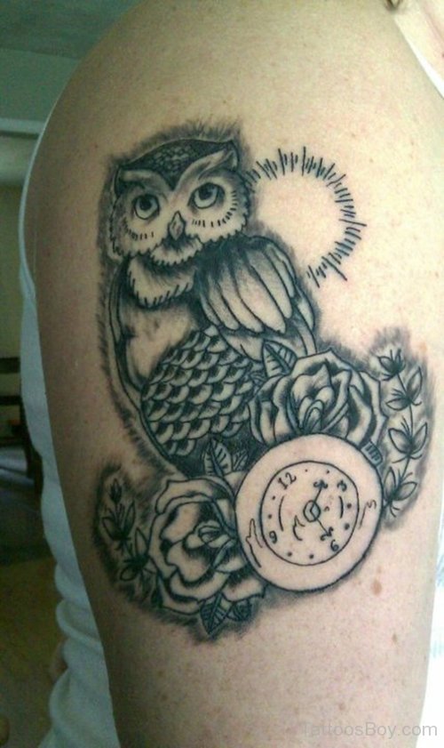 Black Ink Owl Bird With Clock And Roses Tattoo On Right Half Sleeve