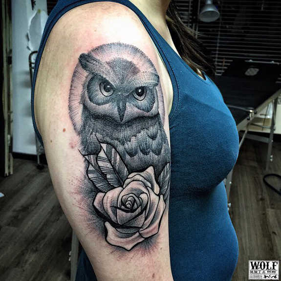 Black Ink Owl Bird With Rose Tattoo On Girl Right Half Sleeve