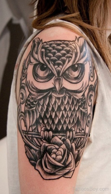 Black Ink Owl Bird With Rose Tattoo On Right Half Sleeve