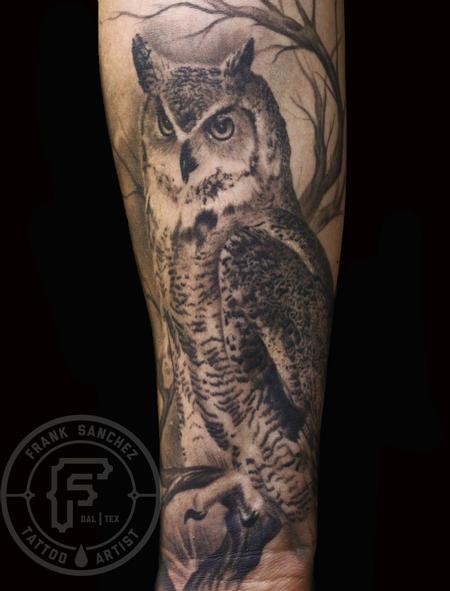Black Ink Owl On Branch Tattoo On Sleeve