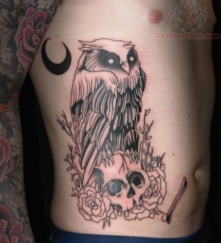 Black Ink Owl On Skull With Roses Tattoo On Right Side Rib