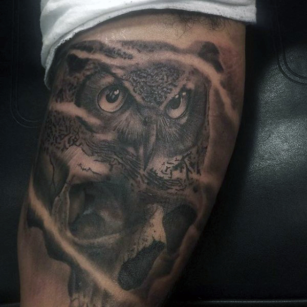 Black Ink Owl Tattoo Design For Men Bicep