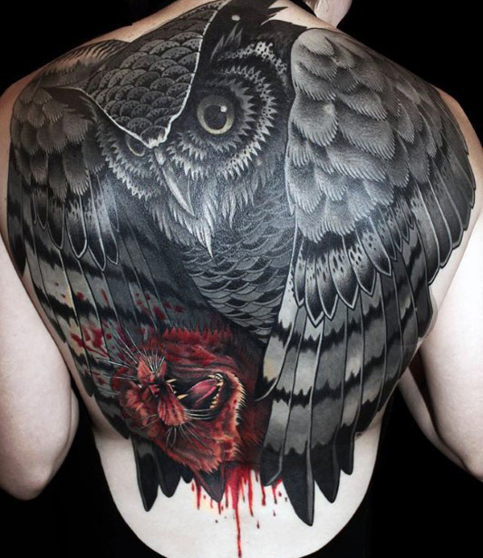 Black Ink Owl Tattoo On Full Back