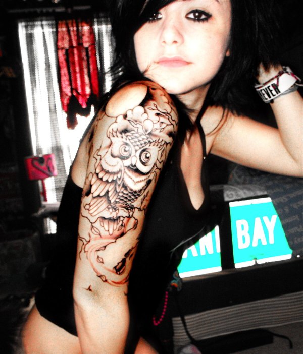 Black Ink Owl Tattoo On Girl Right Half Sleeve